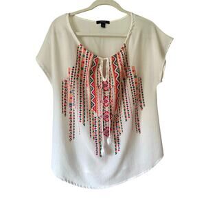 Espresso White Embroidered Boho Aztec Top Size Large Tassel Festival Blouse